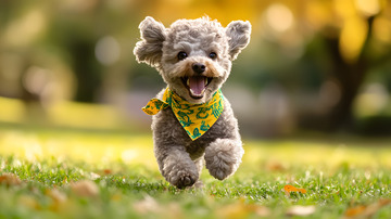 戴着黄色围巾的灰色泰迪犬奔跑宠物摄影图