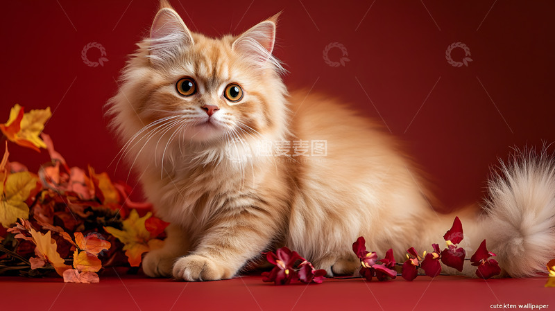 高清大图下载【趣麦麦图】橘色猫咪与秋季叶子温馨宠物摄影图