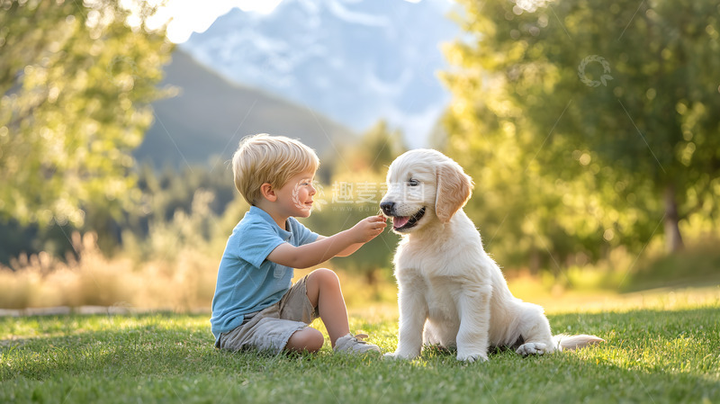 高清大图下载【趣麦麦图】小男孩与金毛犬在山间草地互动宠物摄影图