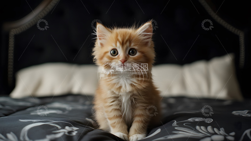 高清大图下载【趣麦麦图】橘色小猫坐在床上室内宠物摄影图