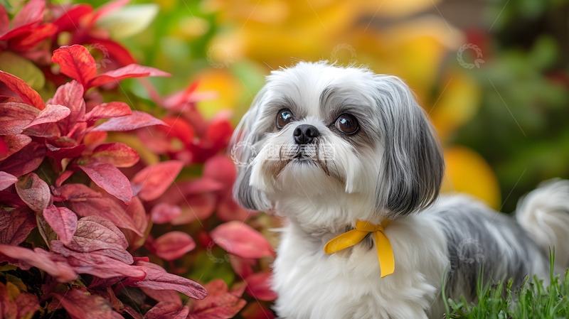 高清大图下载【趣麦麦图】戴着黄色丝带的小型犬在花丛中宠物摄影图