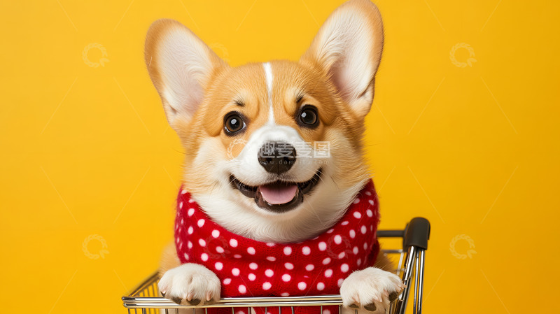 高清大图下载【趣麦麦图】柯基犬坐在购物车里的创意宠物摄影图