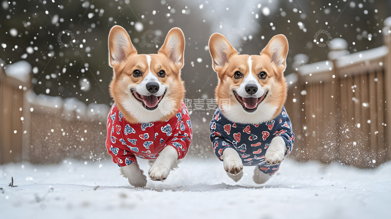 两只穿着冬季外套的柯基犬宠物摄影图