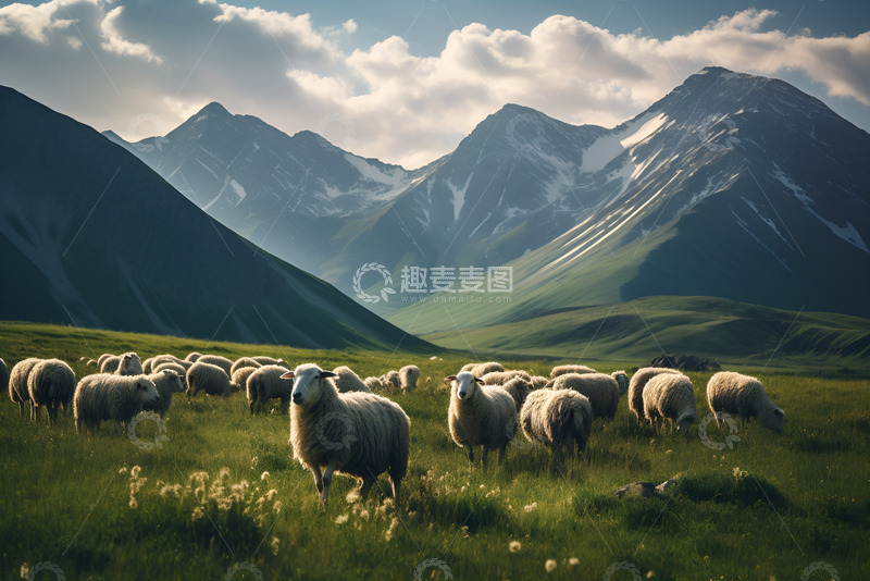 高清大图下载【趣麦麦图】山坡上吃草的羊群