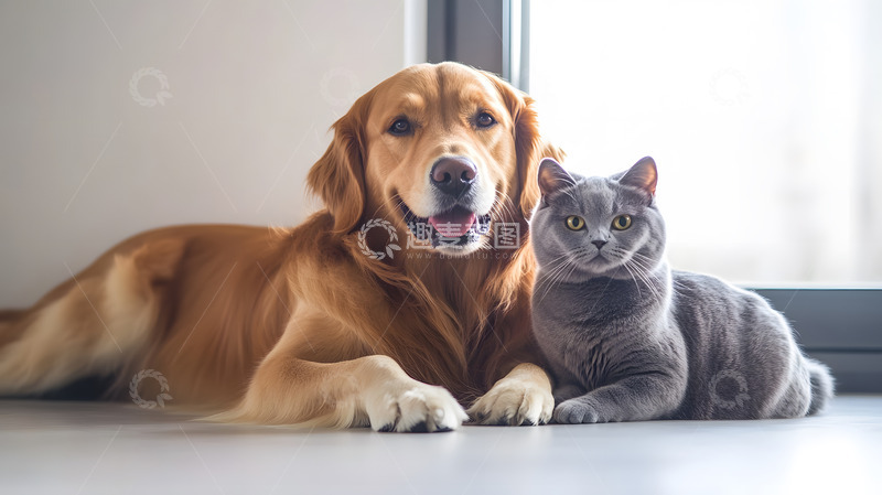 高清大图下载【趣麦麦图】金毛犬与灰色猫咪在室内宠物摄影图