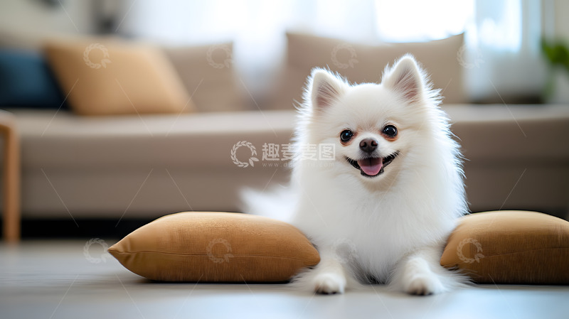 高清大图下载【趣麦麦图】博美犬在室内地板上休息的可爱宠物摄影图