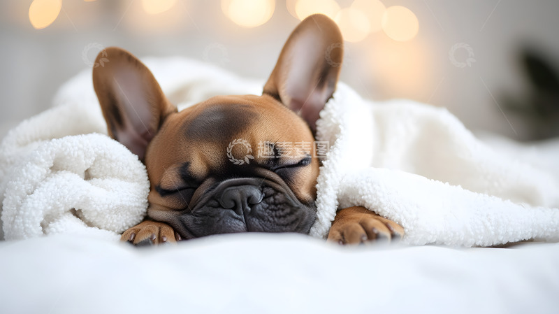 高清大图下载【趣麦麦图】法斗幼犬安睡在毛毯中宠物摄影图