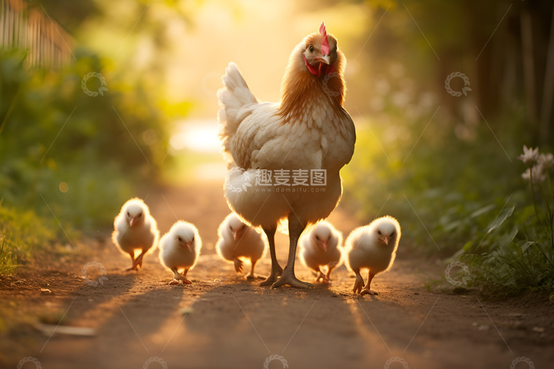 高清大图下载【趣麦麦图】母鸡带着一群小鸡散步