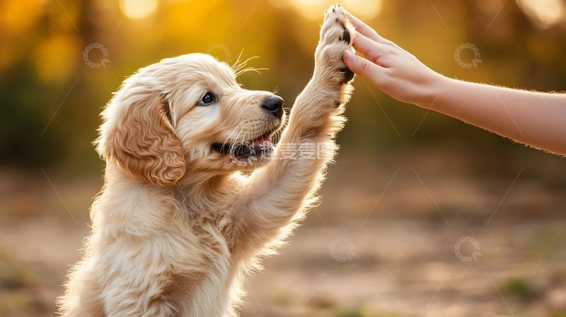 高清大图下载【趣麦麦图】金毛幼犬与人击掌互动宠物摄影图