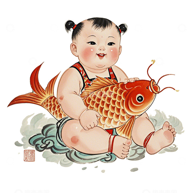高清大图下载【趣麦麦图】抱着锦锂的年画娃娃春节插画元素