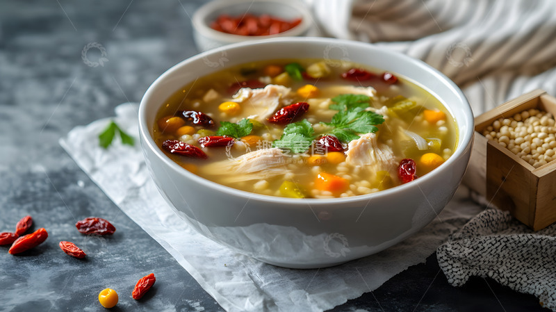 高清大图下载【趣麦麦图】枸杞鸡肉蔬菜汤秋季霜降滋补养生药膳汤品