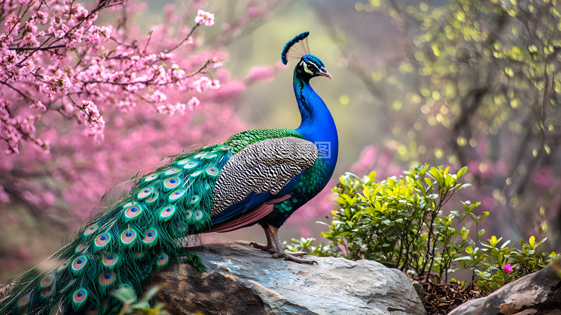 高清大图下载【趣麦麦图】盛开花朵背景中的印度蓝孔雀