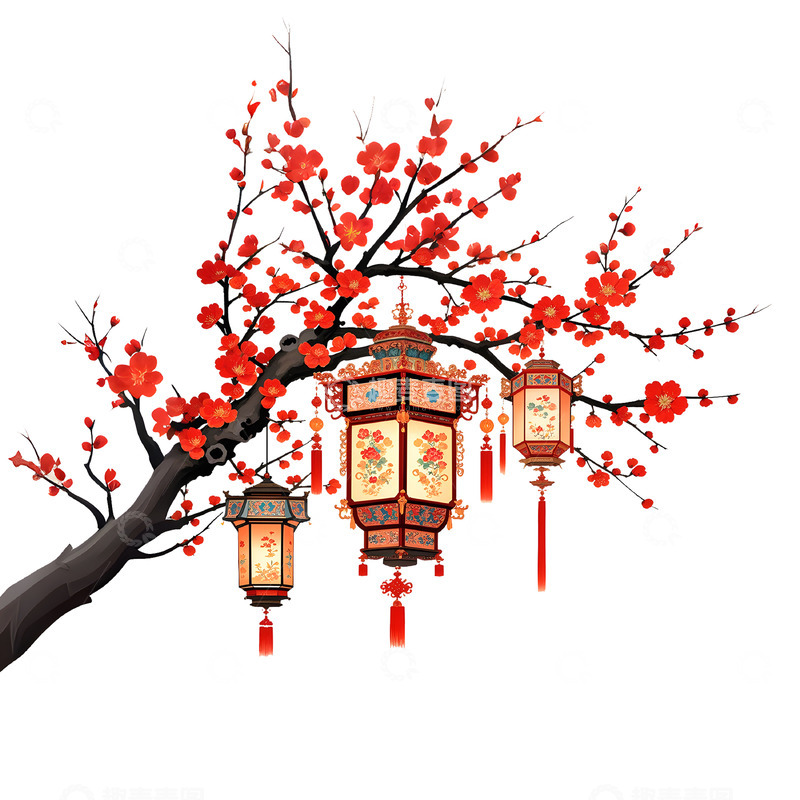 梅花下的中国宫灯插画素材