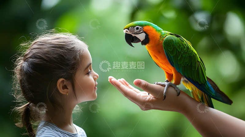 高清大图下载【趣麦麦图】女孩与彩色鹦鹉互动动物摄影图