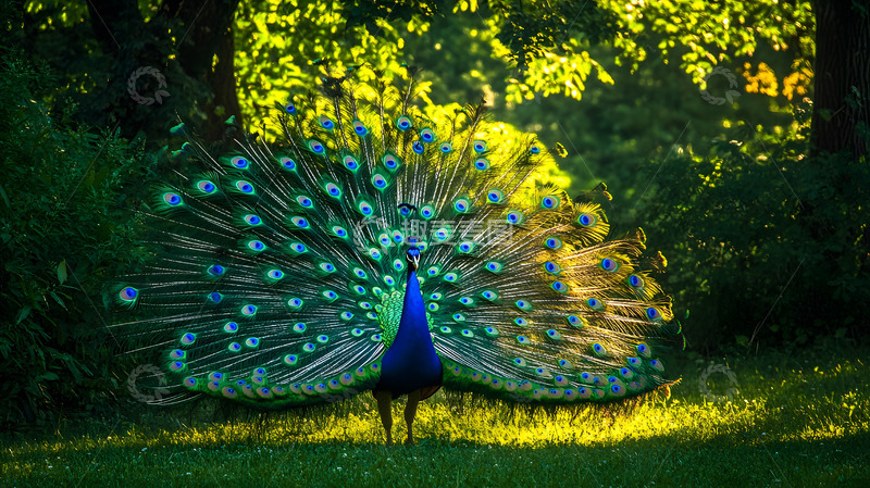 高清大图下载【趣麦麦图】阳光下开屏的印度蓝孔雀
