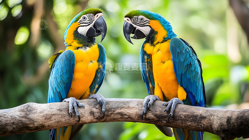 高清大图下载【趣麦麦图】两只蓝金刚鹦鹉树枝上相互对视