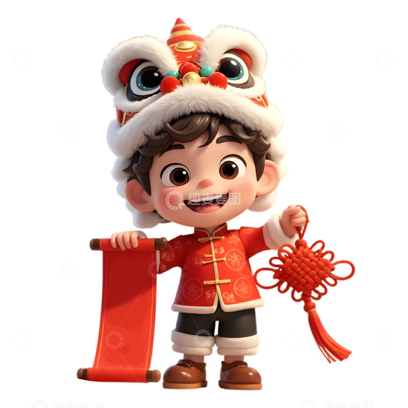 高清大图下载【趣麦麦图】手拿着春联和中国结的可爱3D小男孩