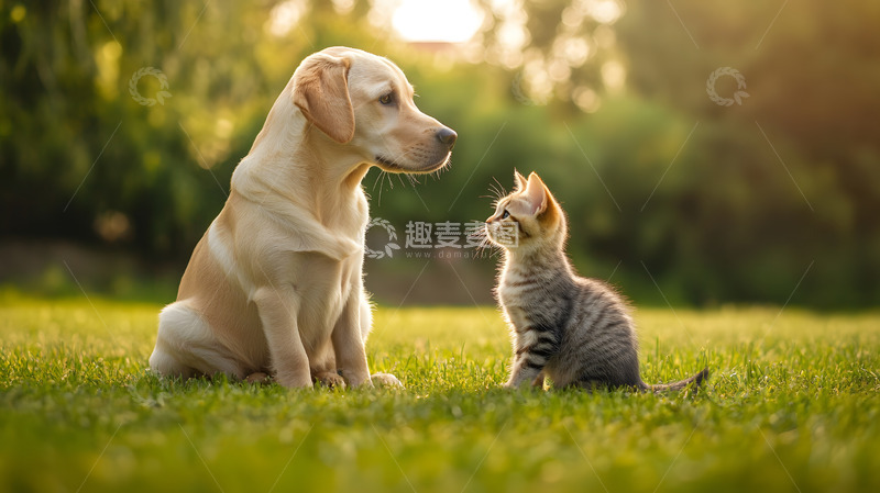 高清大图下载【趣麦麦图】小狗与小猫在户外草地上温馨宠物摄影图