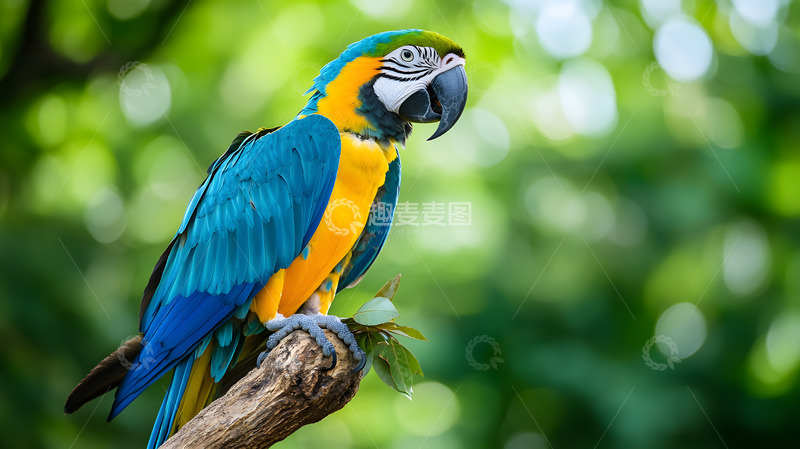 高清大图下载【趣麦麦图】蓝金刚鹦鹉站在树枝上
