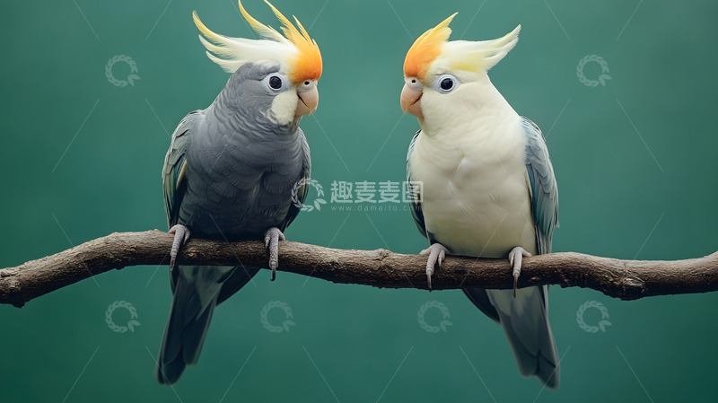 高清大图下载【趣麦麦图】两只凤头鹦鹉树枝上对视动物摄影图