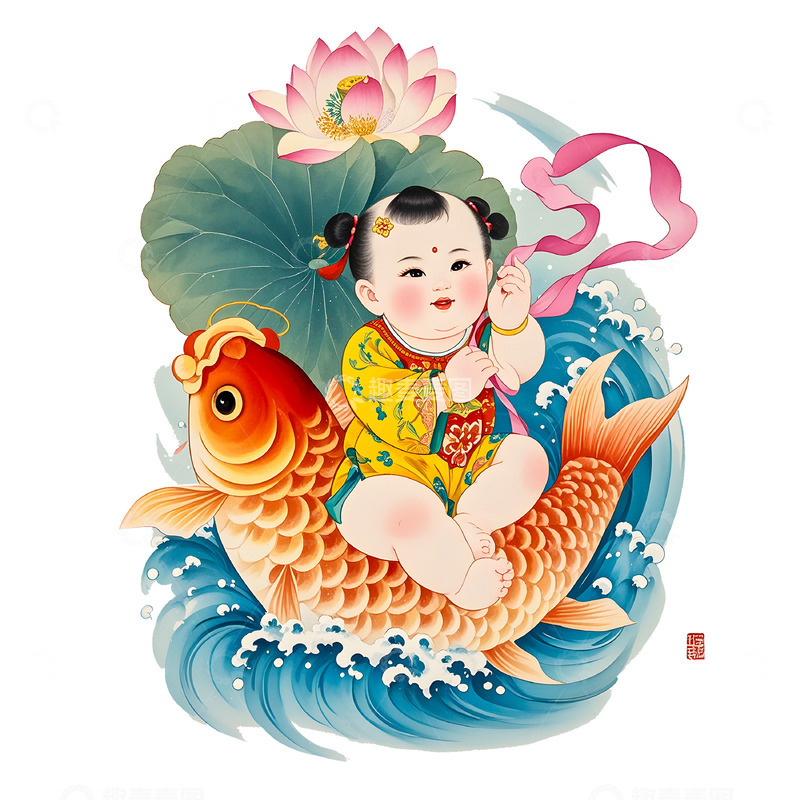 高清大图下载【趣麦麦图】中国年画娃娃锦鲤荷花插画素材