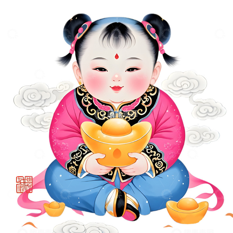 抱着金元宝的年画娃娃春节素材