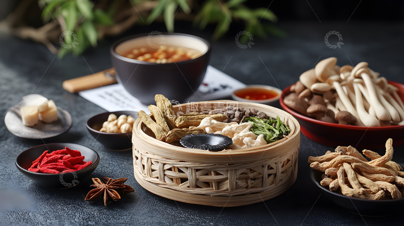 高清大图下载【趣麦麦图】中药材炖汤原料秋季霜降养生滋补药膳组合