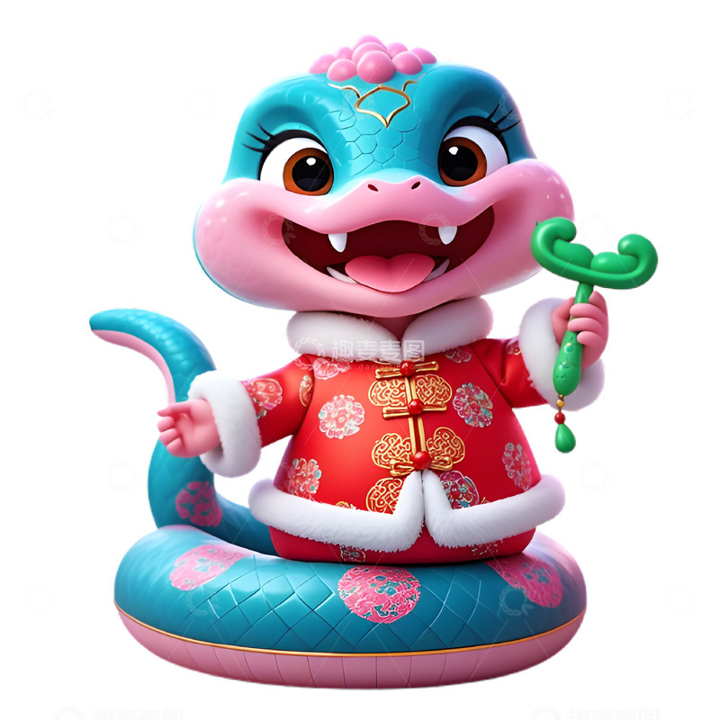 高清大图下载【趣麦麦图】拿着如意的3D卡通小蛇素材