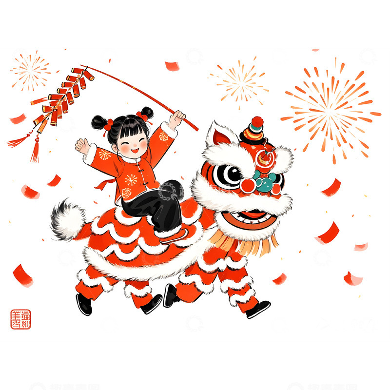 高清大图下载【趣麦麦图】骑着醒狮庆祝春节的卡通女孩素材