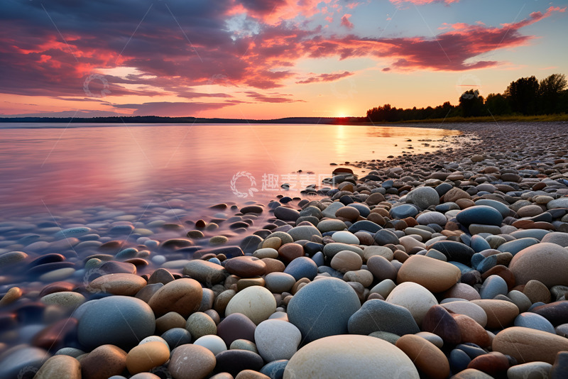 高清大图下载【趣麦麦图】晚霞照耀下的湖边景色