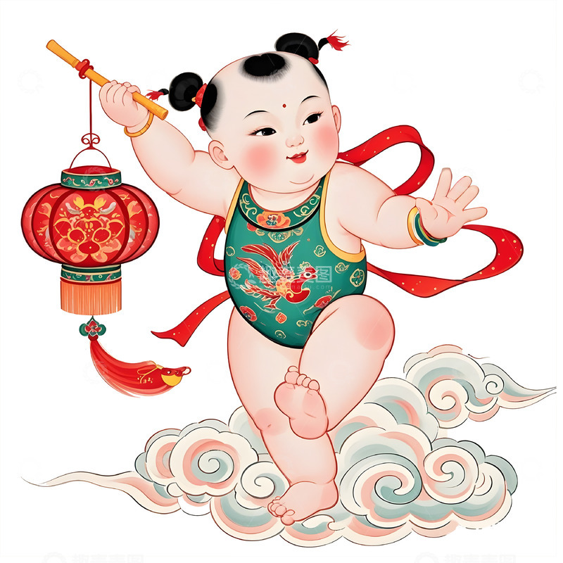 手提灯笼的年画男娃娃卡通素材