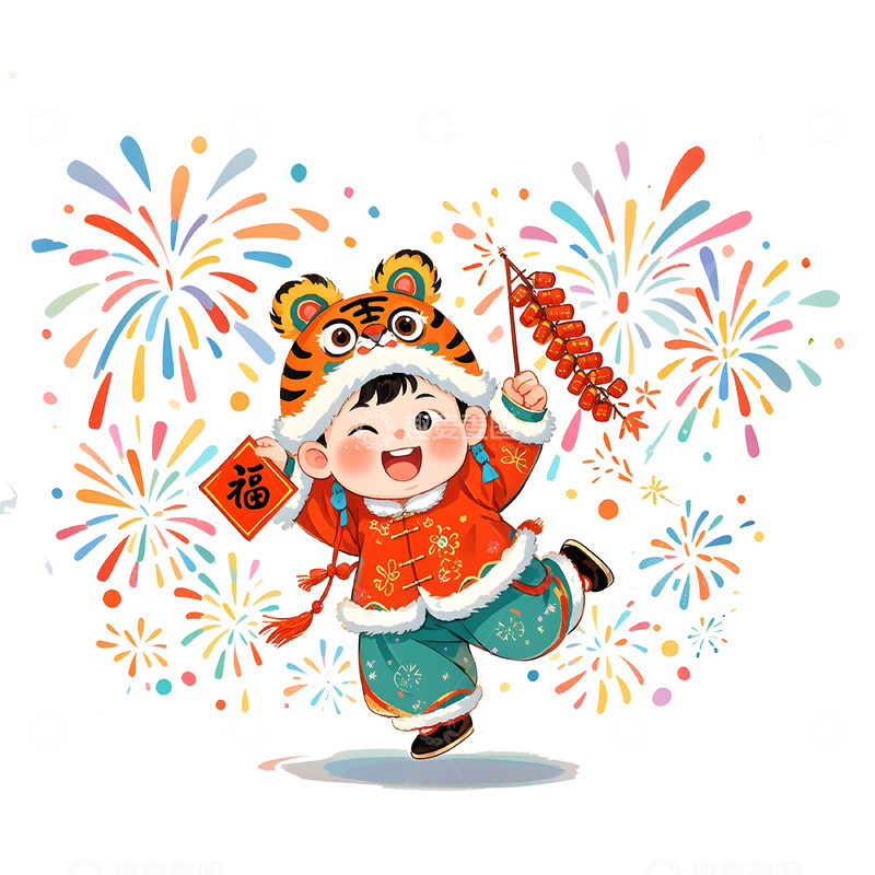 高清大图下载【趣麦麦图】手拿鞭炮和福字的卡通男孩春节素材