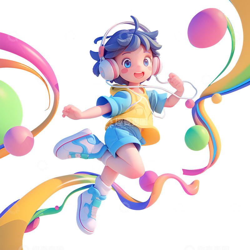 高清大图下载【趣麦麦图】带着耳机跳舞的小男孩