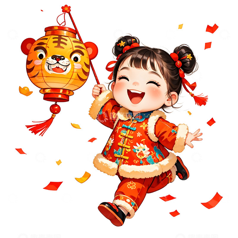 高清大图下载【趣麦麦图】手提虎头灯笼的卡通可爱女孩素材