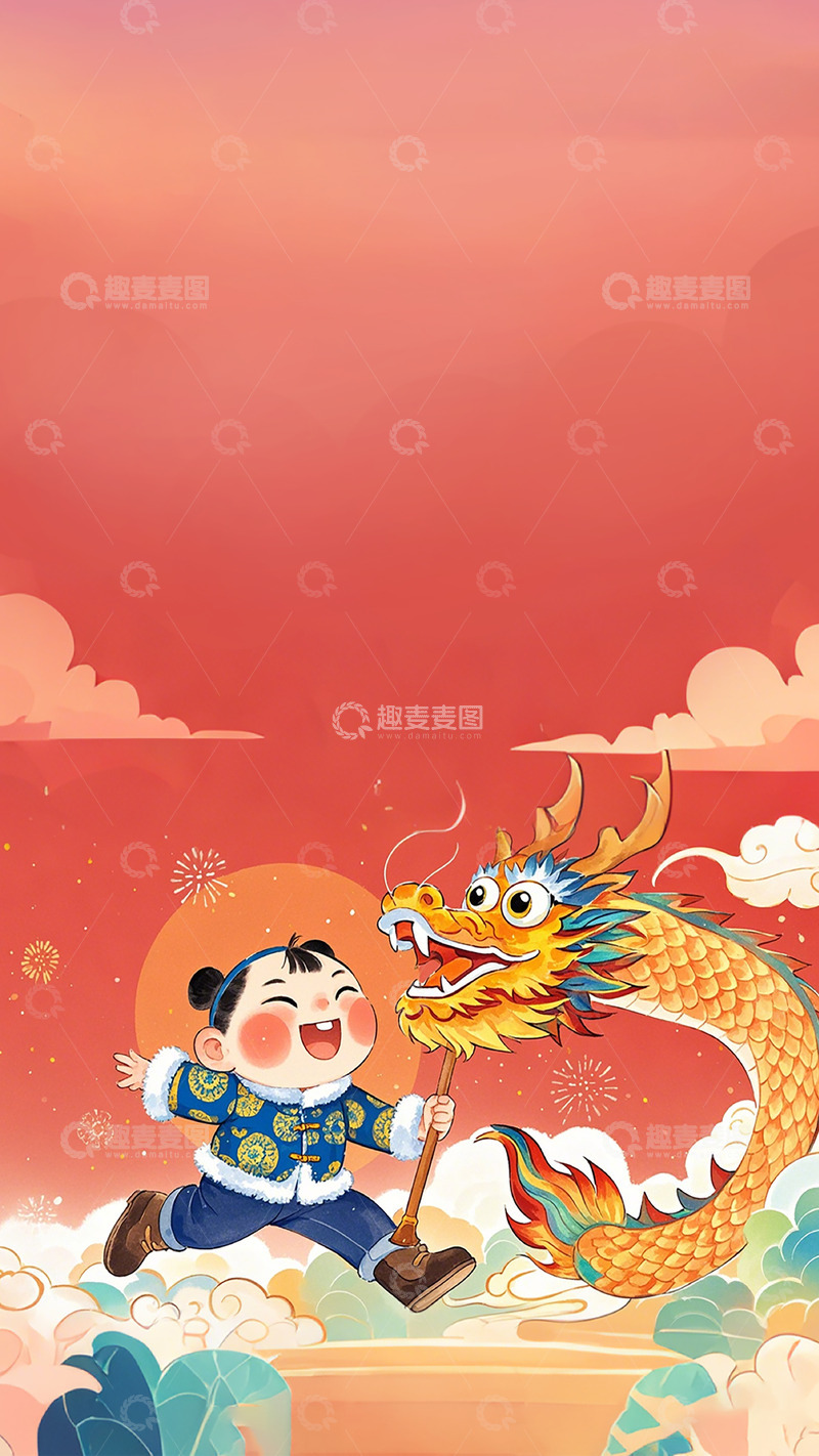 高清大图下载【趣麦麦图】舞龙的可爱男孩春节插画背景