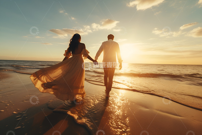 高清大图下载【趣麦麦图】两个情侣手拉手走在沙滩