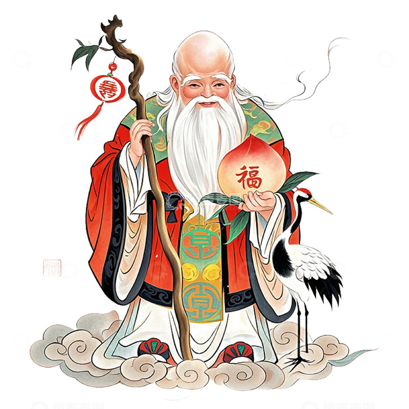 高清大图下载【趣麦麦图】中国古风寿星卡通插画素材