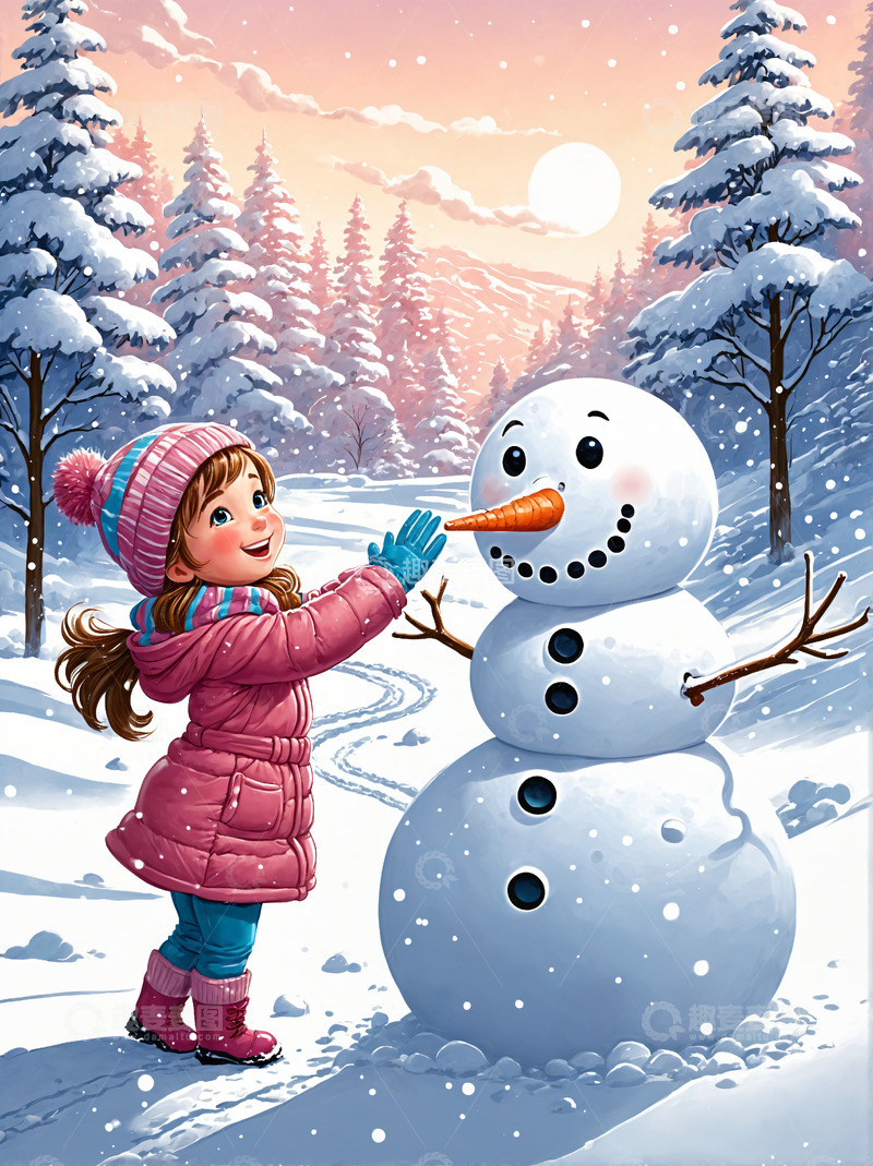 高清大图下载【趣麦麦图】大雪小雪节气海报小女孩堆雪人插画风格海报