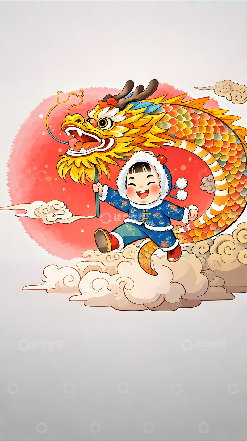 高清大图下载【趣麦麦图】春节舞龙插画背景图