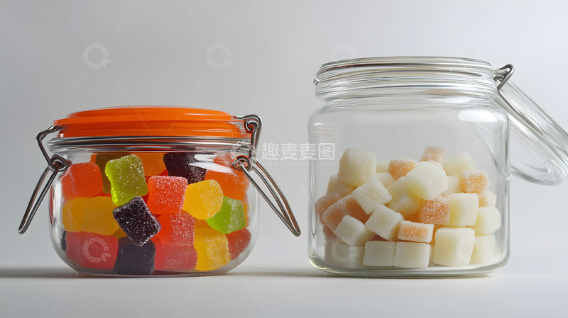 玻璃罐中的彩色果味软糖与方糖静物摄影图