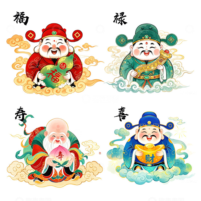 高清大图下载【趣麦麦图】福禄寿喜插画素材