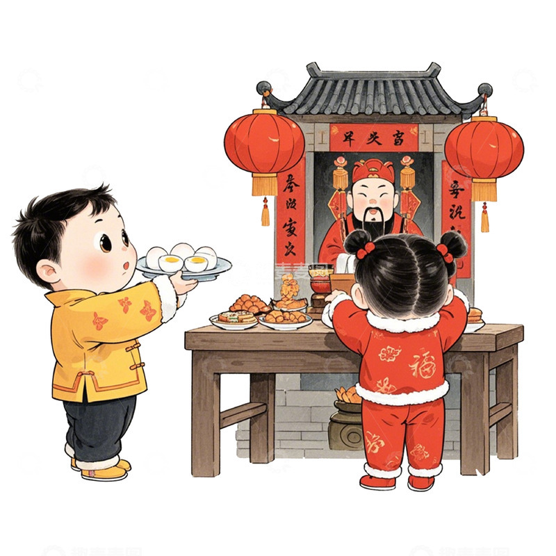 高清大图下载【趣麦麦图】春节习俗之祭灶神卡通插画素材