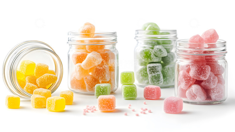 高清大图下载【趣麦麦图】玻璃罐中彩色方块软糖静物摄影图