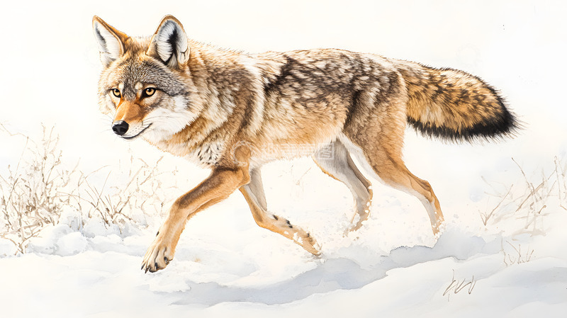 高清大图下载【趣麦麦图】雪地中行走的土狼动物摄影图