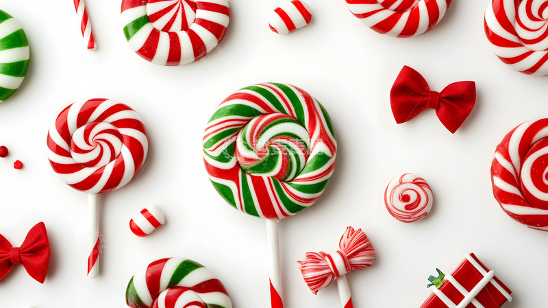 高清大图下载【趣麦麦图】圣诞糖果棒棒糖与蝴蝶结装饰静物摄影图