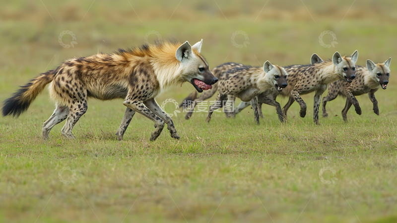 高清大图下载【趣麦麦图】草原上行走的斑鬣狗群动物摄影图