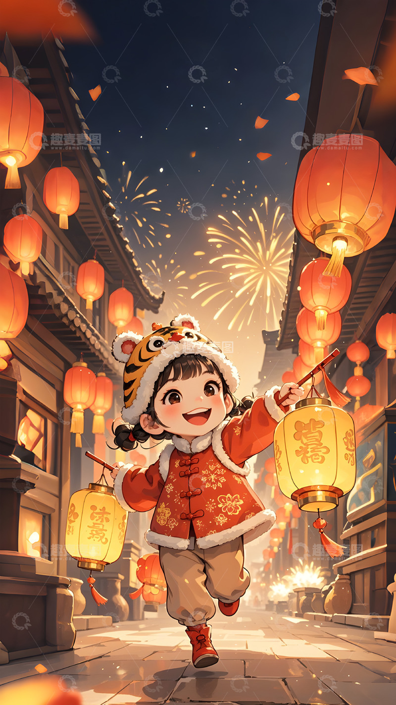 高清大图下载【趣麦麦图】春节戴虎头帽的可爱小女孩插画背景