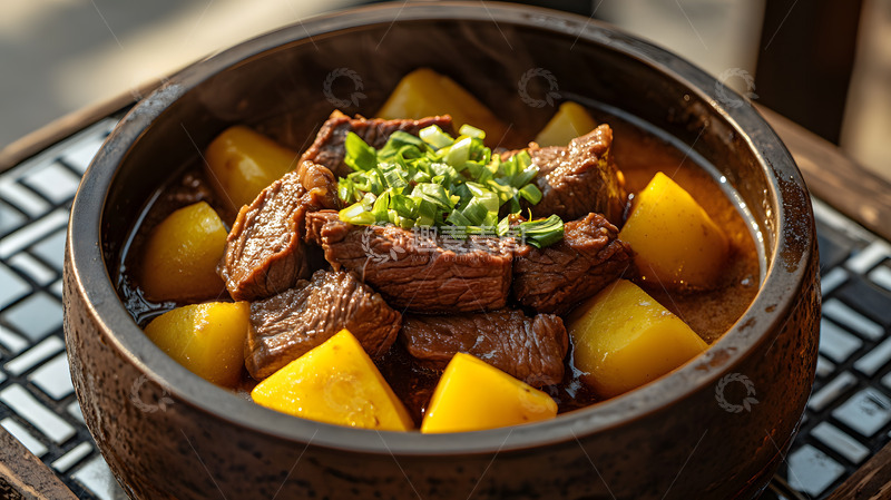 高清大图下载【趣麦麦图】木制碗中的炖牛肉土豆美食摄影图
