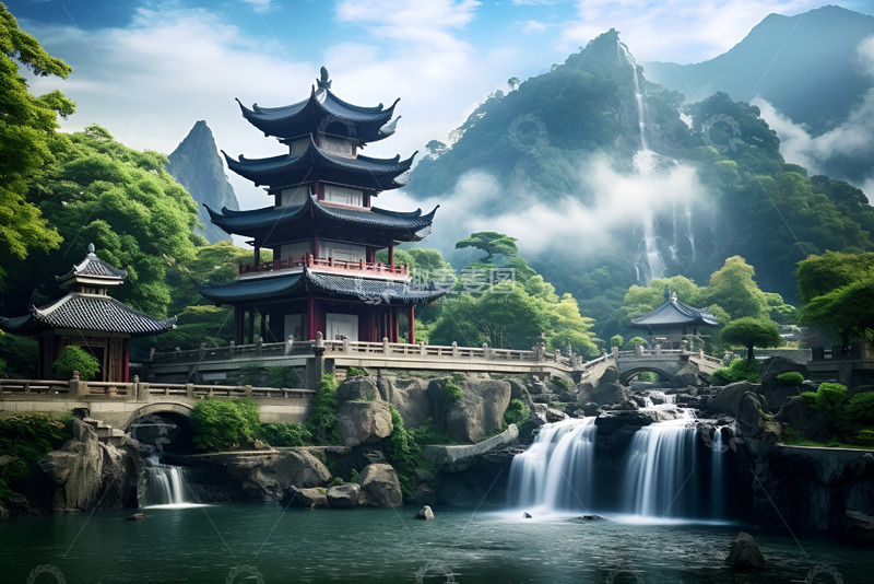 高清大图下载【趣麦麦图】山林里的古塔瀑布