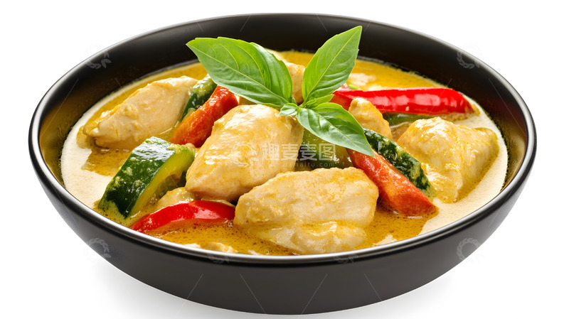 高清大图下载【趣麦麦图】黑色碗中的泰式黄咖喱鸡肉美食摄影图